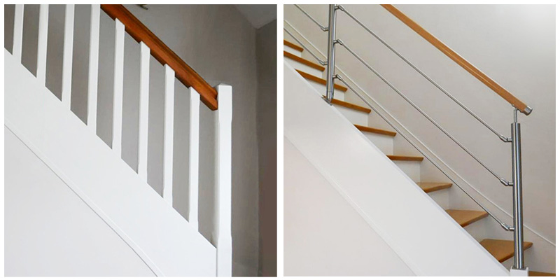 Photo avant/apr�s d'un escalier bois r�nov� avec un Kit garde-corps inox