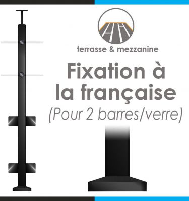 POTEAU PREMONTE CARR� 40 x 40 x 2 mm - POUR 2 TIGES �12 mm + VERRE - FIXATION � LA FRAN�AISE
