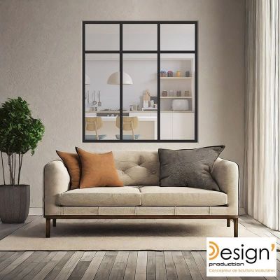 Vue r�aliste d'une Verri�re en kit avec imposte 3 sections RAL 9005 laqu� noir granit� s�parant un salon d'une cuisine