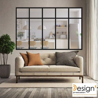 Vue r�aliste d'une Verri�re en kit avec imposte 5 sections RAL 9005 laqu� noir granit� s�parant un salon d'une cuisine