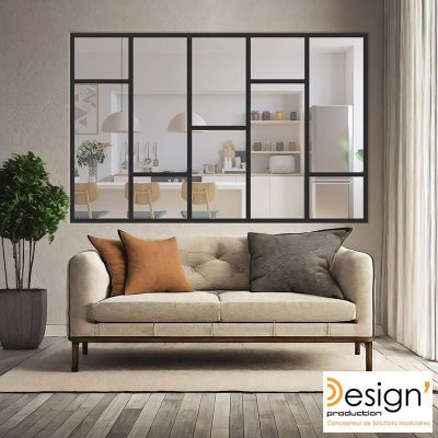 Mise en situation d'une Verri�re Loft en kit 5 sections de couleur noire qui s�pare un salon d'une cuisine
