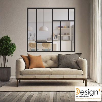 Mise en situation d'une Verri�re destructur�e Art D�co avec 7 vitrages de couleur noire qui s�pare un salon d'une cuisine
