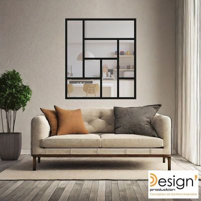 Mise en situation d'une Verri�re destructur�e Art D�co avec 8 vitrages de couleur noire qui s�pare un salon d'une cuisine