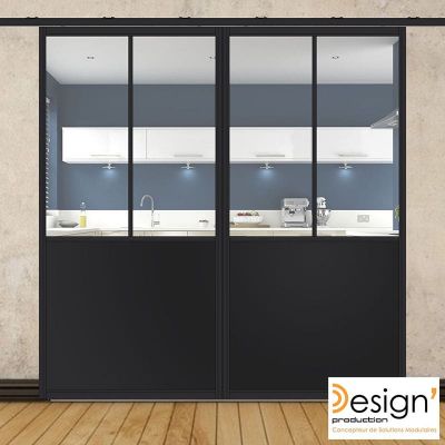 Double porte coulissante H 2088 x L 1067 mm - 2 sections verticales + soubassement t�le