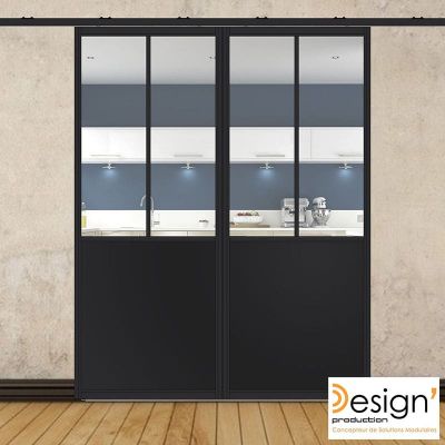 Double porte coulissante H 2088 x L 867 mm - 2 sections verticales + soubassement t�le