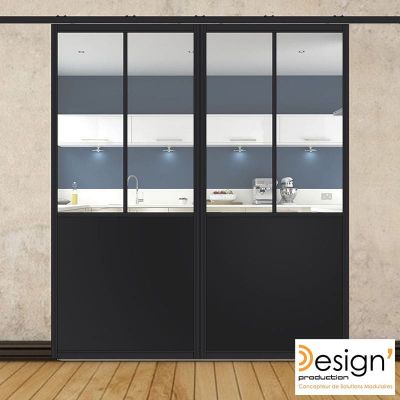 Double porte coulissante H 2088 x L 967 mm - 2 sections verticales + soubassement t�le