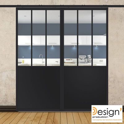 Double porte coulissante H 2088 x L 967 mm - 3 sections verticales + soubassement t�le