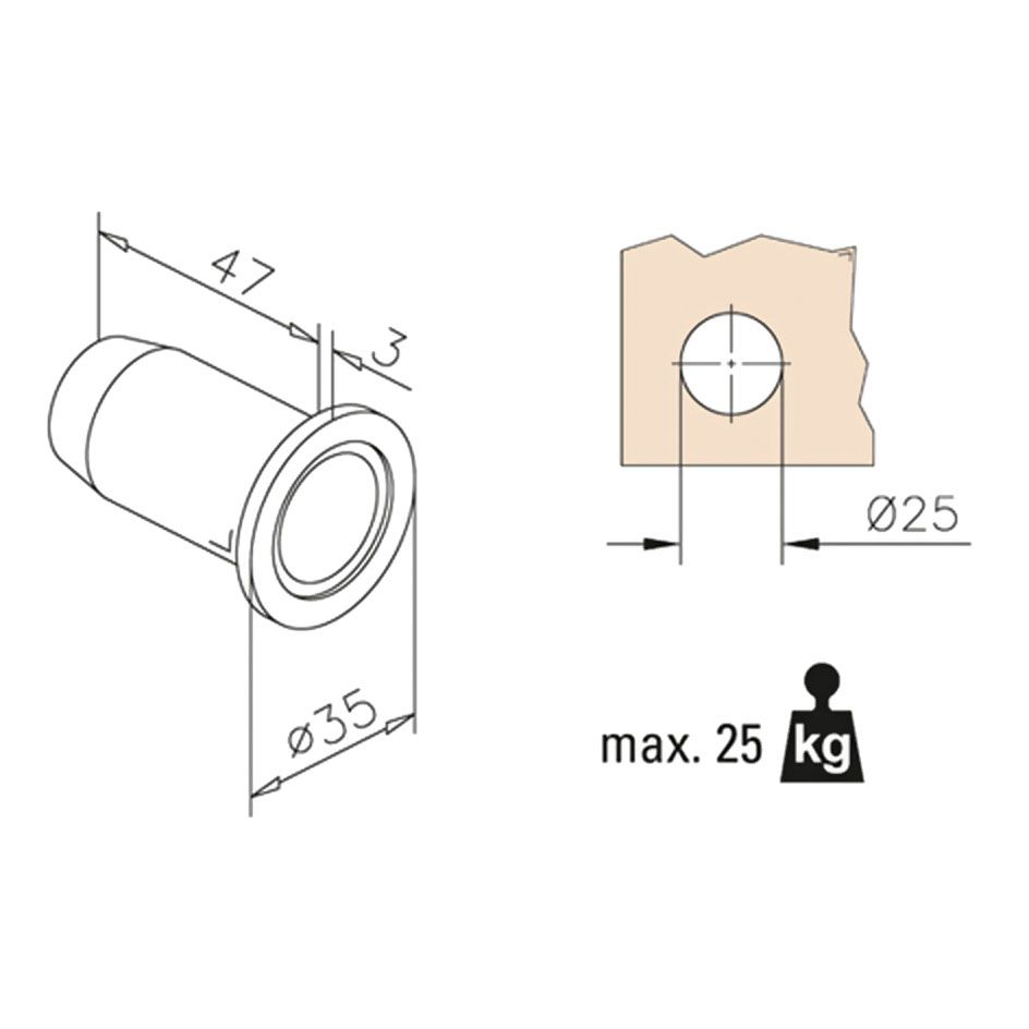 Douille pour console Ø35mm - L47 mm - aspect inox brossé