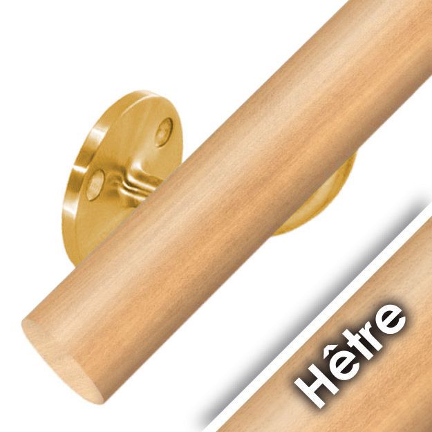Kit main courante bois - h&ecirc;tre brut - interieur - support aspect laiton poli