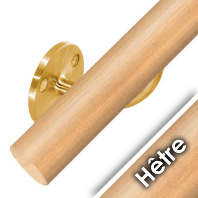Kit main courante bois - h�tre brut - interieur - support aspect laiton poli