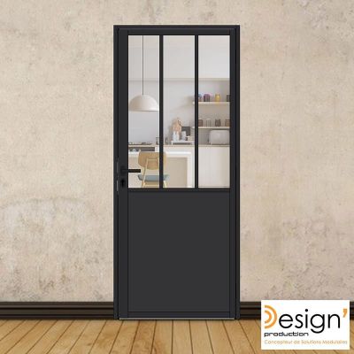 Porte battante H 2040 x L 830 mm - 3 verres verticaux + soubassement bois + b�quille