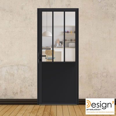Porte battante H 2040 x L 830 mm - 3 verres verticaux + soubassement t�le plane + b�quille
