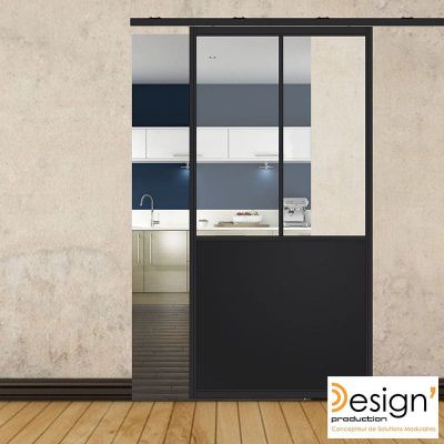 Porte coulissante H 2088 x L 1067 mm - 2 verres verticaux + soubassement t�le