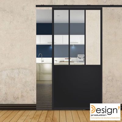 Porte coulissante H 2088 x L 1067 mm - 3 verres verticaux + soubassement t�le