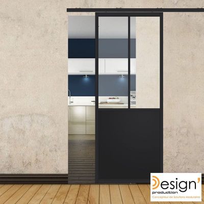 Porte coulissante H 2088 x L 867 mm - 2 verres verticaux + soubassement t�le