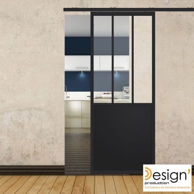 Porte coulissante H 2088 x L 867 mm - 3 verres verticaux + soubassement t�le